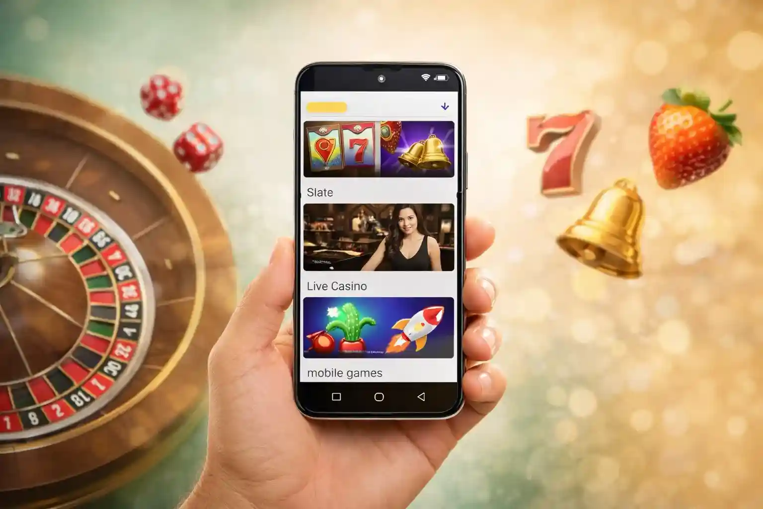 Mano sosteniendo móvil con juegos de casino y ruleta en pantalla